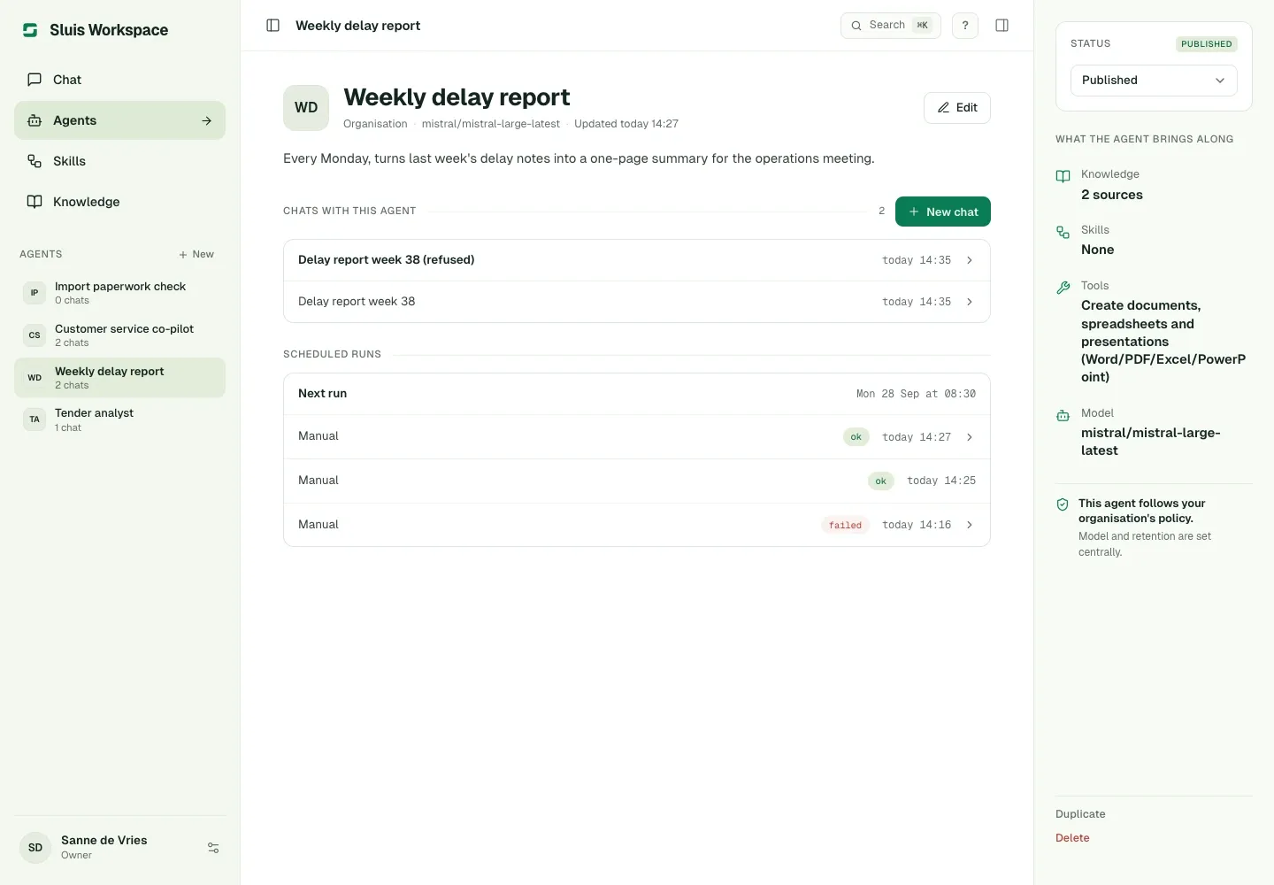 An agent's page with its runs, its schedule and the outcome of each one