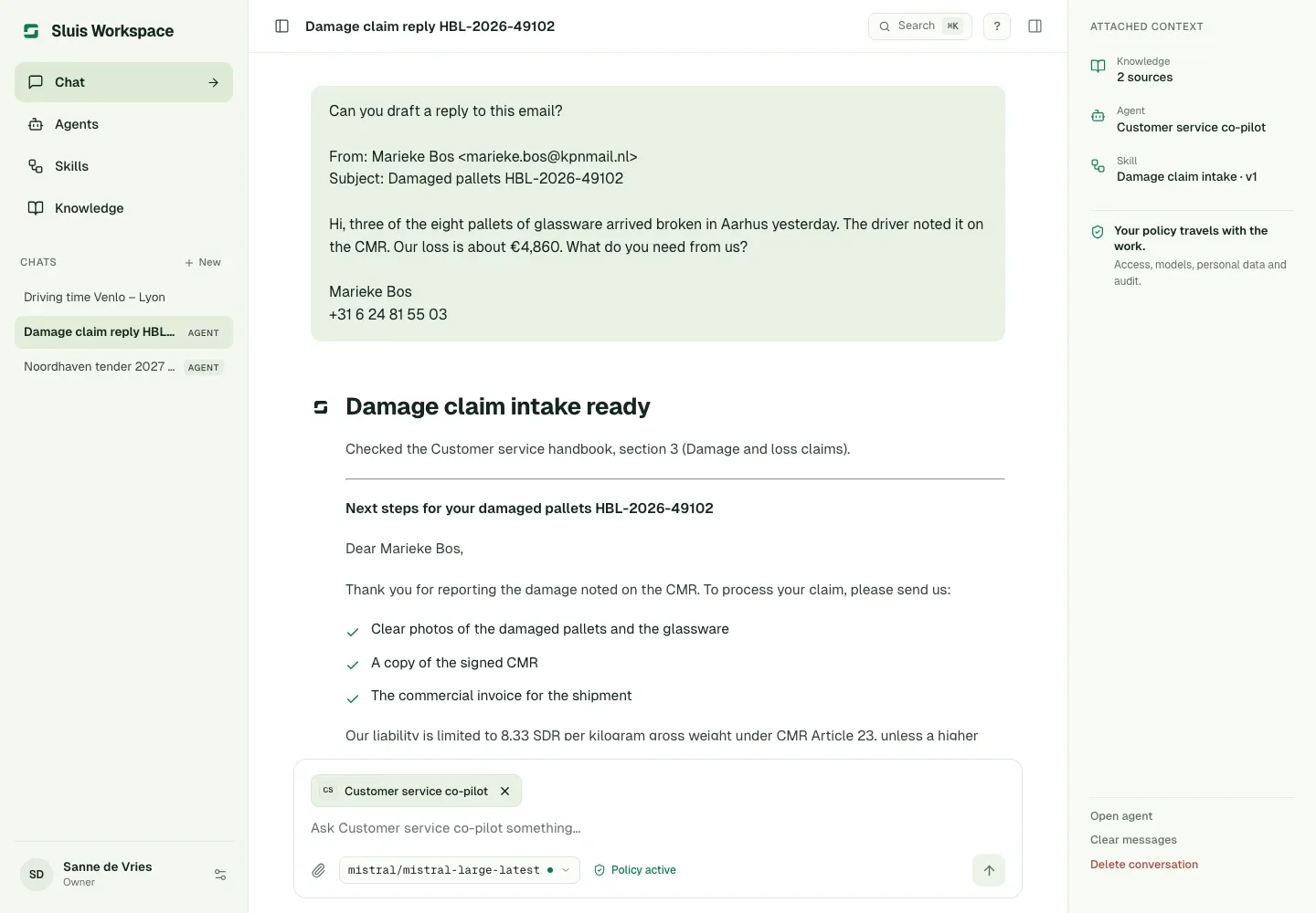 A reply drafted with an agent and a skill, with the knowledge and policy alongside